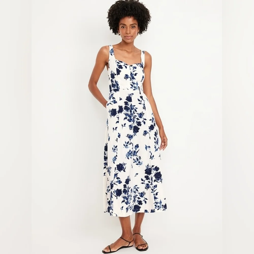 NWT Old Navy Blue Floral Fit & Flare Linen Dress Size M - Picture 2 of 9